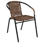 28'' Round Glass Metal Table with Dark Brown Rattan Edging and 2 Dark Brown Rattan Stack Chairs, TLH-087RD-037BN2-GG