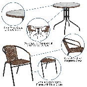 28'' Round Glass Metal Table with Dark Brown Rattan Edging and 2 Dark Brown Rattan Stack Chairs, TLH-087RD-037BN2-GG