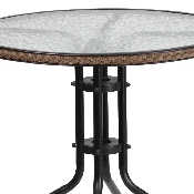 28'' Round Glass Metal Table with Dark Brown Rattan Edging and 2 Dark Brown Rattan Stack Chairs, TLH-087RD-037BN2-GG