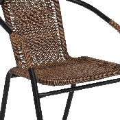 28'' Round Glass Metal Table with Dark Brown Rattan Edging and 2 Dark Brown Rattan Stack Chairs, TLH-087RD-037BN2-GG
