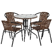 28'' Round Glass Metal Table with Dark Brown Rattan Edging and 4 Dark Brown Rattan Stack Chairs, TLH-087RD-037BN4-GG
