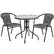 28'' Round Glass Metal Table with Gray Rattan Edging and 2 Gray Rattan Stack Chairs, TLH-087RD-037GY2-GG