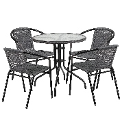 28'' Round Glass Metal Table with Gray Rattan Edging and 4 Gray Rattan Stack Chairs, TLH-087RD-037GY4-GG
