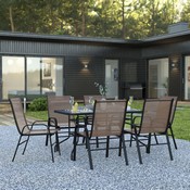 Brazos 7 Piece Outdoor Patio Dining Set - 55" Tempered Glass Patio Table with Umbrella Hole, 6 Brown Flex Comfort Stack Chairs, TLH-089REC-303CBN6-GG