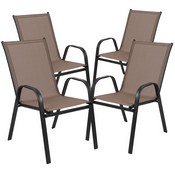 Brazos 7 Piece Outdoor Patio Dining Set - 55" Tempered Glass Patio Table with Umbrella Hole, 6 Brown Flex Comfort Stack Chairs, TLH-089REC-303CBN6-GG