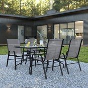 Brazos 5 Piece Outdoor Patio Dining Set - 55" Tempered Glass Patio Table with Umbrella Hole, 4 Gray Flex Comfort Stack Chairs, TLH-089REC-303CGY4-GG