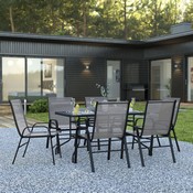 Brazos 7 Piece Outdoor Patio Dining Set - 55" Tempered Glass Patio Table with Umbrella Hole, 6 Gray Flex Comfort Stack Chairs, TLH-089REC-303CGY6-GG