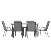 Brazos 7 Piece Commercial Grade Patio Dining Set with Tempered Glass Patio Table and 6 Chairs with Gray Flex Comfort Material Seats and Backs, TLH-94B-303CG-GG