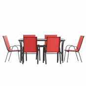Brazos 7 Piece Commercial Grade Patio Dining Set with Tempered Glass Patio Table and 6 Chairs with Red Flex Comfort Material Seats and Backs, TLH-94B-303CRD-GG