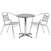 23.5'' Round Aluminum Indoor-Outdoor Table Set with 2 Slat Back Chairs, TLH-ALUM-24RD-017BCHR2-GG