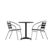 Lila 23.5'' Black Round Aluminum Indoor-Outdoor Table Set with 2 Black Slat Back Chairs, TLH-ALUM-24RD-017BK2-GG
