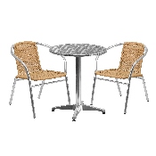 23.5'' Round Aluminum Indoor-Outdoor Table Set with 2 Beige Rattan Chairs, TLH-ALUM-24RD-020BGECHR2-GG
