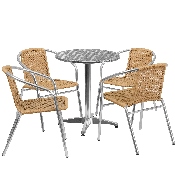 23.5'' Round Aluminum Indoor-Outdoor Table Set with 4 Beige Rattan Chairs, TLH-ALUM-24RD-020BGECHR4-GG