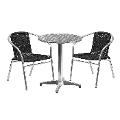 23.5'' Round Aluminum Indoor-Outdoor Table Set with 2 Black Rattan Chairs, TLH-ALUM-24RD-020BKCHR2-GG