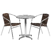 23.5'' Round Aluminum Indoor-Outdoor Table Set with 2 Dark Brown Rattan Chairs, TLH-ALUM-24RD-020CHR2-GG