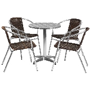 23.5'' Round Aluminum Indoor-Outdoor Table Set with 4 Dark Brown Rattan Chairs, TLH-ALUM-24RD-020CHR4-GG