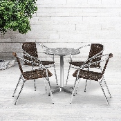 23.5'' Round Aluminum Indoor-Outdoor Table Set with 4 Dark Brown Rattan Chairs, TLH-ALUM-24RD-020CHR4-GG
