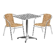 23.5'' Square Aluminum Indoor-Outdoor Table Set with 2 Beige Rattan Chairs, TLH-ALUM-24SQ-020BGECHR2-GG
