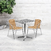23.5'' Square Aluminum Indoor-Outdoor Table Set with 2 Beige Rattan Chairs, TLH-ALUM-24SQ-020BGECHR2-GG