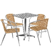 23.5'' Square Aluminum Indoor-Outdoor Table Set with 4 Beige Rattan Chairs, TLH-ALUM-24SQ-020BGECHR4-GG