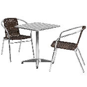 23.5'' Square Aluminum Indoor-Outdoor Table Set with 2 Dark Brown Rattan Chairs, TLH-ALUM-24SQ-020CHR2-GG