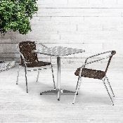 23.5'' Square Aluminum Indoor-Outdoor Table Set with 2 Dark Brown Rattan Chairs, TLH-ALUM-24SQ-020CHR2-GG