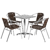 23.5'' Square Aluminum Indoor-Outdoor Table Set with 4 Dark Brown Rattan Chairs, TLH-ALUM-24SQ-020CHR4-GG