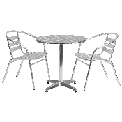 27.5'' Round Aluminum Indoor-Outdoor Table Set with 2 Slat Back Chairs, TLH-ALUM-28RD-017BCHR2-GG