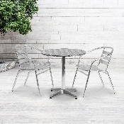 27.5'' Round Aluminum Indoor-Outdoor Table Set with 2 Slat Back Chairs, TLH-ALUM-28RD-017BCHR2-GG
