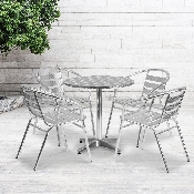 27.5'' Round Aluminum Indoor-Outdoor Table Set with 4 Slat Back Chairs, TLH-ALUM-28RD-017BCHR4-GG