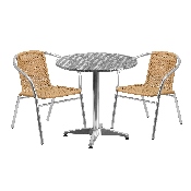 27.5'' Round Aluminum Indoor-Outdoor Table Set with 2 Beige Rattan Chairs, TLH-ALUM-28RD-020BGECHR2-GG