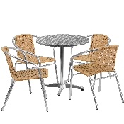 27.5'' Round Aluminum Indoor-Outdoor Table Set with 4 Beige Rattan Chairs, TLH-ALUM-28RD-020BGECHR4-GG