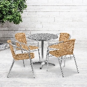 27.5'' Round Aluminum Indoor-Outdoor Table Set with 4 Beige Rattan Chairs, TLH-ALUM-28RD-020BGECHR4-GG
