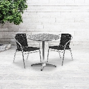 27.5'' Round Aluminum Indoor-Outdoor Table Set with 2 Black Rattan Chairs, TLH-ALUM-28RD-020BKCHR2-GG