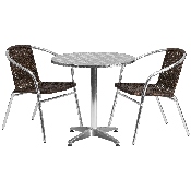 27.5'' Round Aluminum Indoor-Outdoor Table Set with 2 Dark Brown Rattan Chairs, TLH-ALUM-28RD-020CHR2-GG