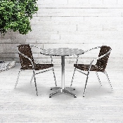 27.5'' Round Aluminum Indoor-Outdoor Table Set with 2 Dark Brown Rattan Chairs, TLH-ALUM-28RD-020CHR2-GG