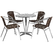 27.5'' Round Aluminum Indoor-Outdoor Table Set with 4 Dark Brown Rattan Chairs, TLH-ALUM-28RD-020CHR4-GG