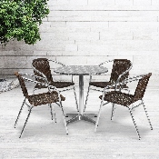 27.5'' Round Aluminum Indoor-Outdoor Table Set with 4 Dark Brown Rattan Chairs, TLH-ALUM-28RD-020CHR4-GG