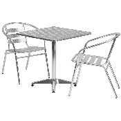 27.5'' Square Aluminum Indoor-Outdoor Table Set with 2 Slat Back Chairs, TLH-ALUM-28SQ-017BCHR2-GG