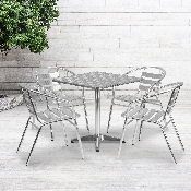 27.5'' Square Aluminum Indoor-Outdoor Table Set with 4 Slat Back Chairs, TLH-ALUM-28SQ-017BCHR4-GG