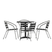 Lila 27.5'' Black Square Aluminum Indoor-Outdoor Table Set with 4 Black Slat Back Chairs, TLH-ALUM-28SQ-017BK4-GG