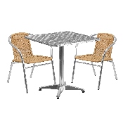 27.5'' Square Aluminum Indoor-Outdoor Table Set with 2 Beige Rattan Chairs, TLH-ALUM-28SQ-020BGECHR2-GG