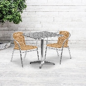 27.5'' Square Aluminum Indoor-Outdoor Table Set with 2 Beige Rattan Chairs, TLH-ALUM-28SQ-020BGECHR2-GG