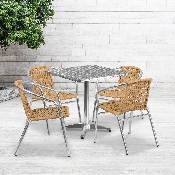 27.5'' Square Aluminum Indoor-Outdoor Table Set with 4 Beige Rattan Chairs, TLH-ALUM-28SQ-020BGECHR4-GG