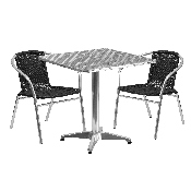 27.5'' Square Aluminum Indoor-Outdoor Table Set with 2 Black Rattan Chairs, TLH-ALUM-28SQ-020BKCHR2-GG