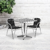 27.5'' Square Aluminum Indoor-Outdoor Table Set with 2 Black Rattan Chairs, TLH-ALUM-28SQ-020BKCHR2-GG