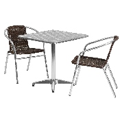 27.5'' Square Aluminum Indoor-Outdoor Table Set with 2 Dark Brown Rattan Chairs, TLH-ALUM-28SQ-020CHR2-GG