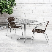 27.5'' Square Aluminum Indoor-Outdoor Table Set with 2 Dark Brown Rattan Chairs, TLH-ALUM-28SQ-020CHR2-GG