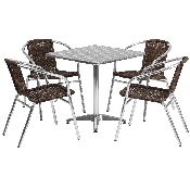 27.5'' Square Aluminum Indoor-Outdoor Table Set with 4 Dark Brown Rattan Chairs, TLH-ALUM-28SQ-020CHR4-GG