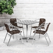 27.5'' Square Aluminum Indoor-Outdoor Table Set with 4 Dark Brown Rattan Chairs, TLH-ALUM-28SQ-020CHR4-GG